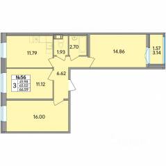 ЖК «Рождественский квартал», планировка 3-комнатной квартиры, 66.59 м²