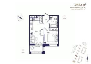 ЖК «Ranta Residence», планировка 1-комнатной квартиры, 39.82 м²