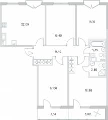 МЖК «Любоград», планировка 4-комнатной квартиры, 108.33 м²