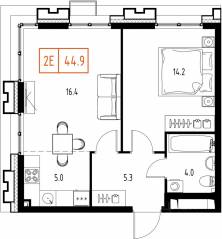 ЖК «Skolkovo One», планировка 2-комнатной квартиры, 44.90 м²