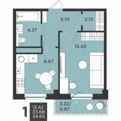 МЖК «Новокасимово», планировка 1-комнатной квартиры, 34.65 м²