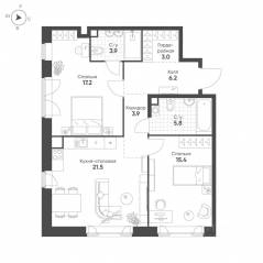 ЖК «MariInn Park», планировка 2-комнатной квартиры, 76.90 м²