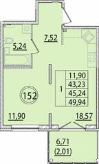 МЖК «Образцовый квартал 15», планировка 1-комнатной квартиры, 43.23 м²