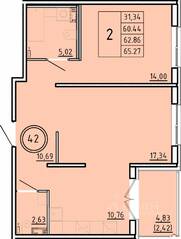 МЖК «Образцовый квартал 16», планировка 2-комнатной квартиры, 60.44 м²