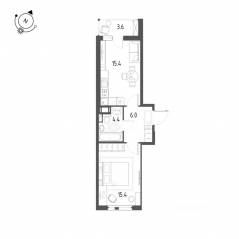 ЖК «Монография», планировка 1-комнатной квартиры, 43.00 м²