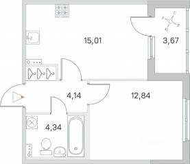 МЖК «Любоград», планировка 1-комнатной квартиры, 38.17 м²