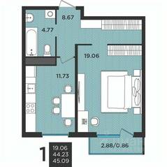 МЖК «Новокасимово», планировка 1-комнатной квартиры, 45.10 м²
