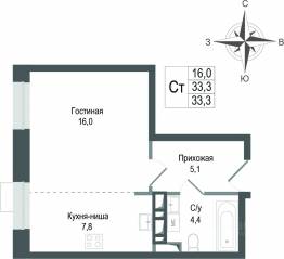 ЖК «Киноквартал», планировка студии, 33.30 м²