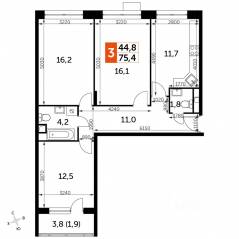 МФК «Датский квартал», планировка 3-комнатной квартиры, 75.30 м²