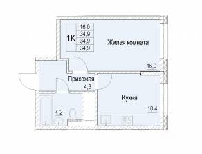 ЖК «Отрадный», планировка 1-комнатной квартиры, 34.90 м²