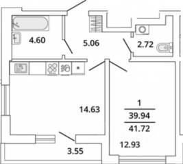 ЖК «Master Place», планировка 1-комнатной квартиры, 41.72 м²