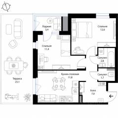 МЖК «Экография», планировка 2-комнатной квартиры, 55.90 м²