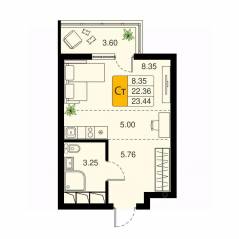 ЖК «Химки Тайм», планировка студии, 23.44 м²