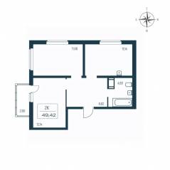 ЖК «Расцветай в Янино», планировка 2-комнатной квартиры, 49.50 м²