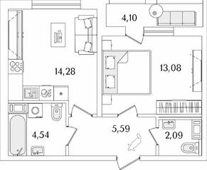 ЖК «Лайнеръ», планировка 1-комнатной квартиры, 41.63 м²