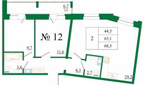 ЖК «Орловский бульвар», планировка 3-комнатной квартиры, 68.50 м²