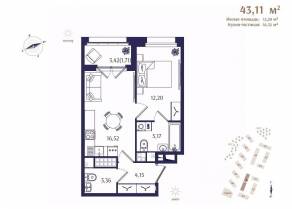 ЖК «Ranta Residence», планировка 1-комнатной квартиры, 43.11 м²