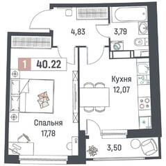 ЖК «Авиатор» (Девяткино), планировка 1-комнатной квартиры, 40.22 м²