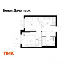ЖК «Белая Дача парк», планировка 1-комнатной квартиры, 32.50 м²