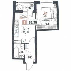 ЖК «Авиатор» (Девяткино), планировка 1-комнатной квартиры, 30.28 м²