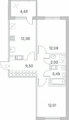 ЖК «Югтаун. Олимпийские кварталы», планировка 2-комнатной квартиры, 53.71 м²