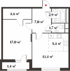 ЖК Миниполис «Восемь кленов», планировка 2-комнатной квартиры, 52.10 м²