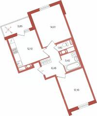 ЖК «Патио», планировка 2-комнатной квартиры, 51.87 м²