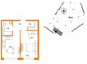 ЖК «Страна.Парковая», планировка 1-комнатной квартиры, 39.17 м²