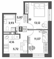 ЖК Арт-квартал «Публицист», планировка 2-комнатной квартиры, 43.87 м²
