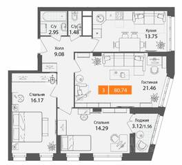ЖК «Планерный квартал», планировка 3-комнатной квартиры, 80.74 м²