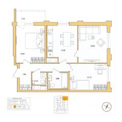 ЖК «OKLA», планировка 3-комнатной квартиры, 64.99 м²
