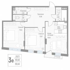 МЖК «Эльйон», планировка 3-комнатной квартиры, 69.20 м²