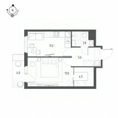 ЖК «Новоорловский», планировка 1-комнатной квартиры, 38.50 м²