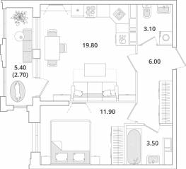 ЖК «Тайм Сквер», планировка 1-комнатной квартиры, 46.40 м²