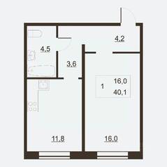 ЖК «Дом на набережной», планировка 1-комнатной квартиры, 40.30 м²