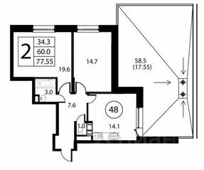 ЖК «Космос», планировка 2-комнатной квартиры, 77.55 м²