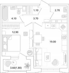 ЖК «Тайм Сквер», планировка 1-комнатной квартиры, 45.40 м²