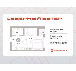 ЖК Квартал «Северный ветер», планировка студии, 32.24 м²