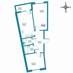 ЖК «Левитан», планировка 2-комнатной квартиры, 63.34 м²