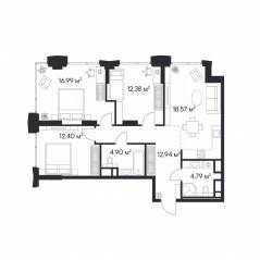 ЖК «1-й Нагатинский», планировка 3-комнатной квартиры, 82.97 м²