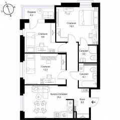 МЖК «Экография», планировка 3-комнатной квартиры, 70.00 м²