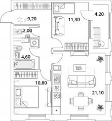 ЖК «Тайм Сквер», планировка 2-комнатной квартиры, 61.10 м²
