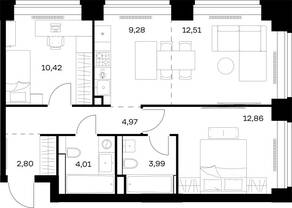 ЖК «Nova», планировка 2-комнатной квартиры, 60.84 м²