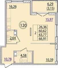 МЖК «Образцовый квартал 15», планировка 2-комнатной квартиры, 60.62 м²