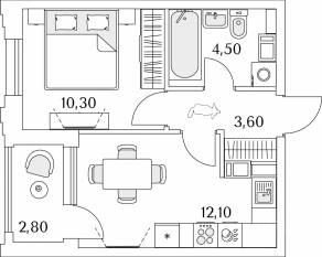 ЖК «Тайм Сквер», планировка 1-комнатной квартиры, 31.90 м²
