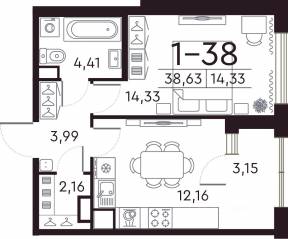 ЖК «Familia», планировка 1-комнатной квартиры, 38.70 м²