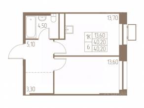 ЖК «Фабрикант», планировка 1-комнатной квартиры, 40.20 м²
