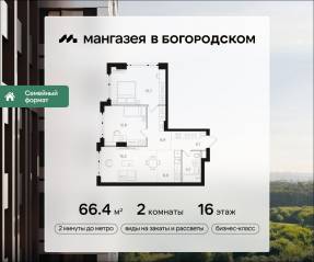 ЖК «Мангазея в Богородском», планировка 2-комнатной квартиры, 66.40 м²