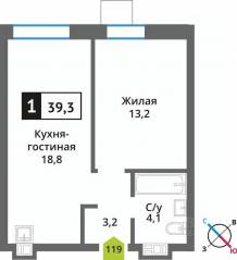 ЖК «Лесная Отрада», планировка 1-комнатной квартиры, 39.30 м²