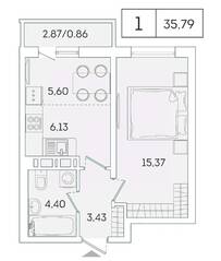 ЖК «Lampo», планировка 1-комнатной квартиры, 35.10 м²